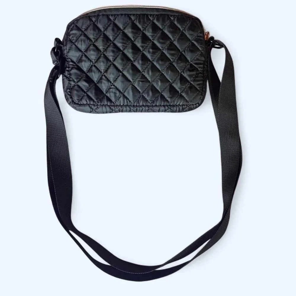 Black quilted crossbody waist bag with adjustable strap by Mytagalongs